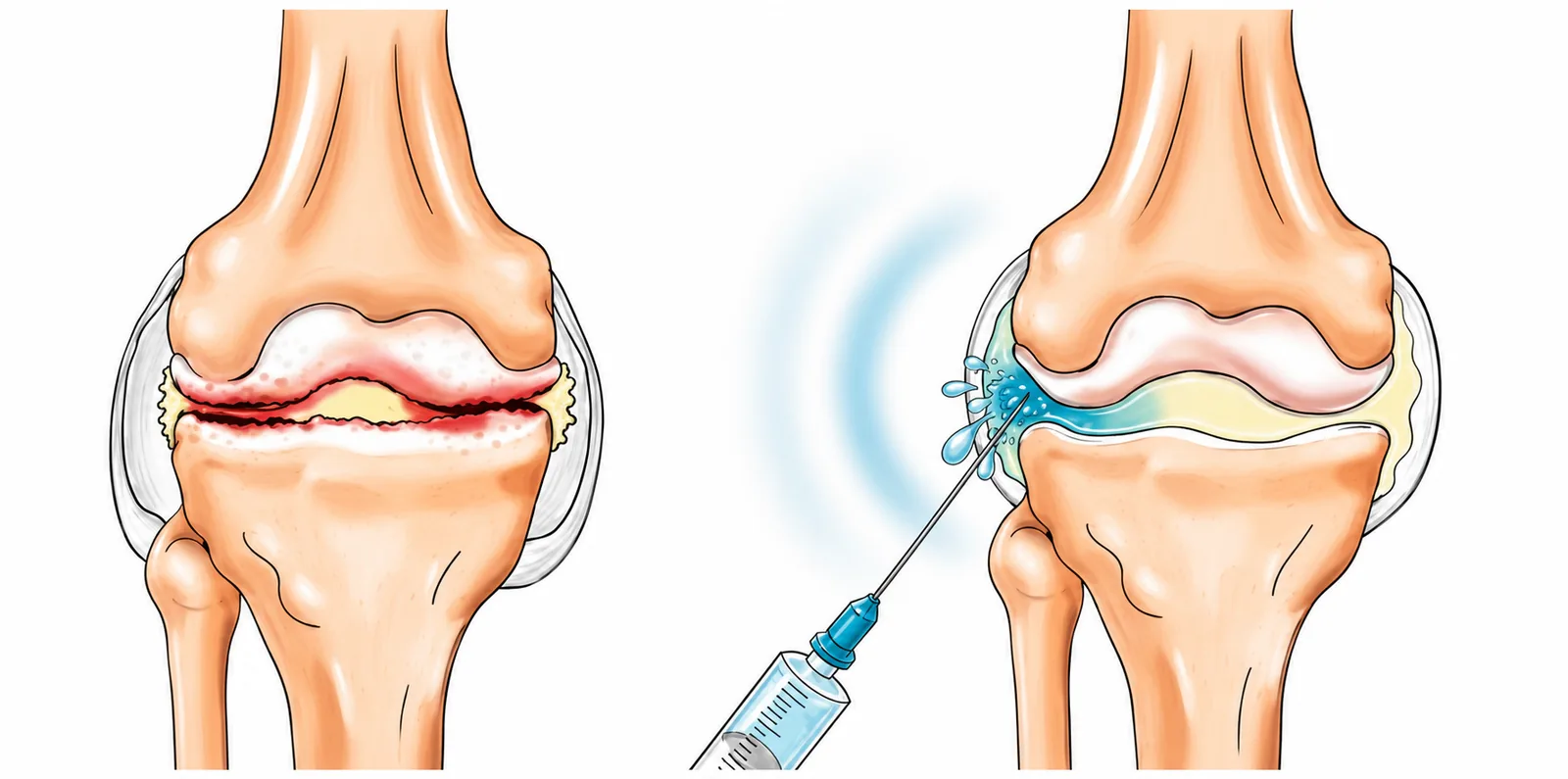 Ilustração comparando uma articulação do joelho com desgaste e a aplicação intra-articular