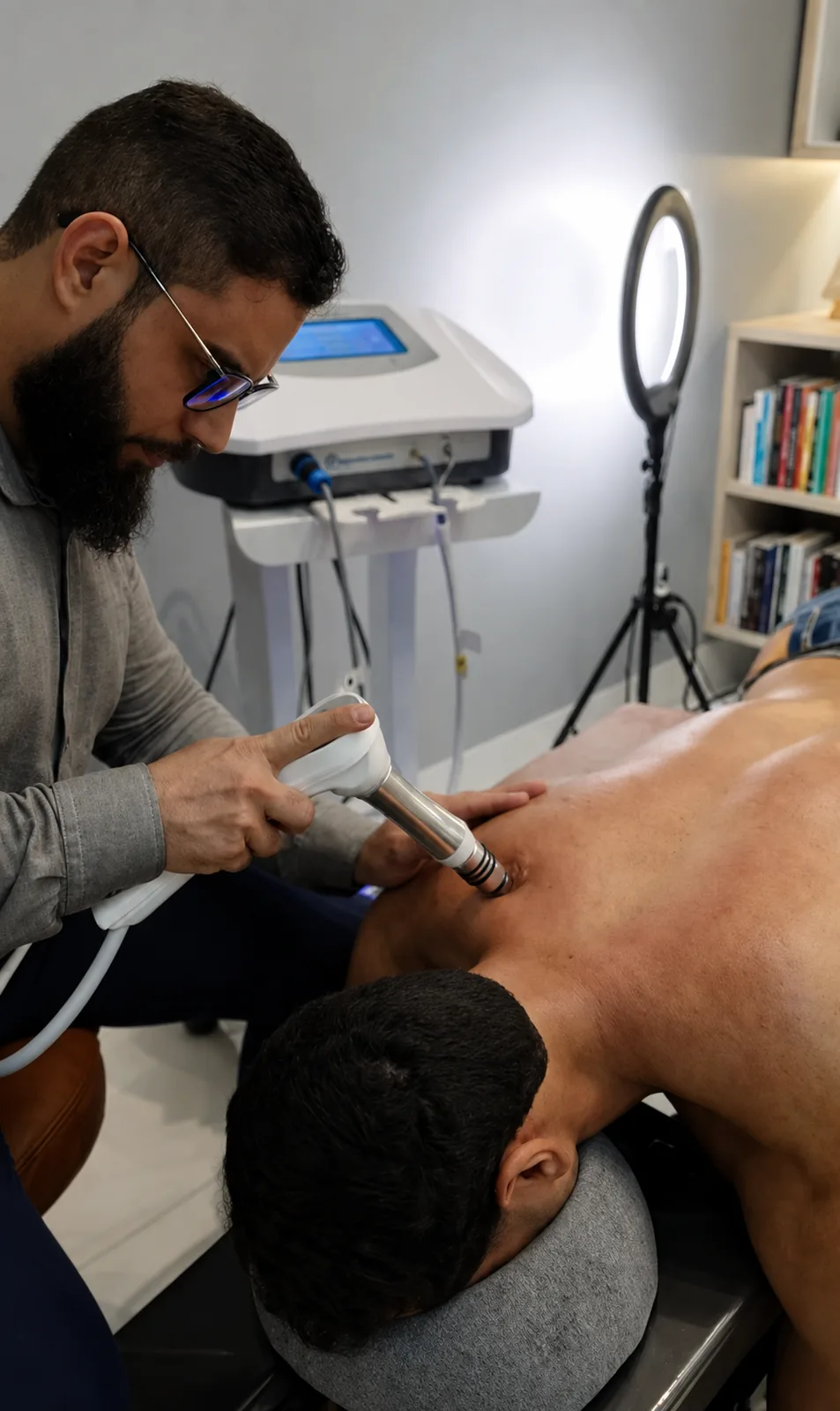 Aplicação de terapia por ondas de choque durante uma sessão